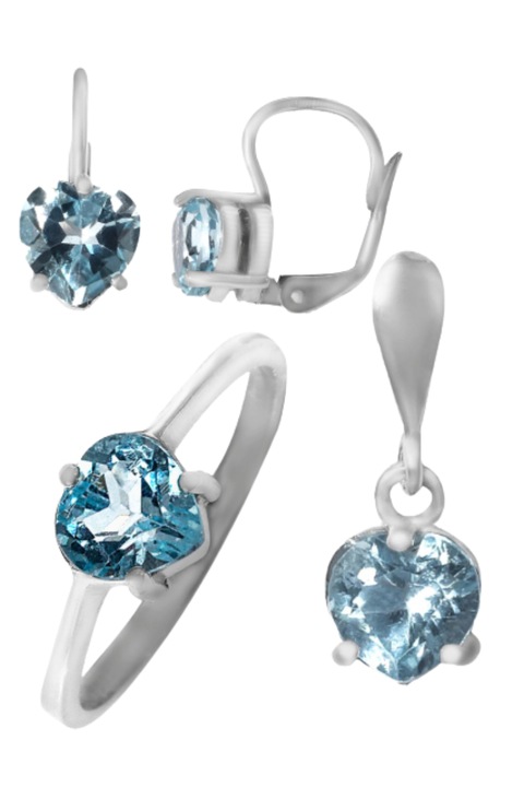 Set bijuterii de dama inima, Cercei, inel si pandantiv, Topaz albastru, Argint