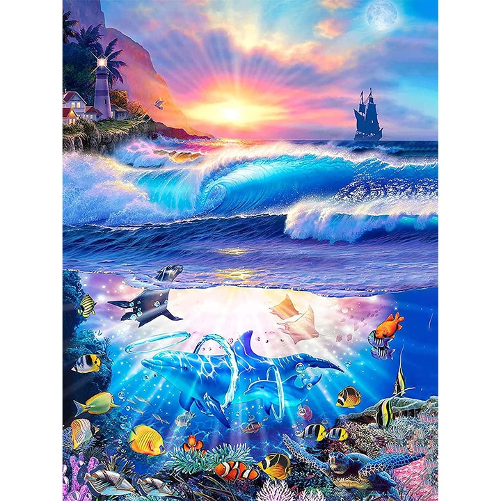 Kit pictura cu diamante rotunde, Model pesti,30 x 40 cm, Albastru