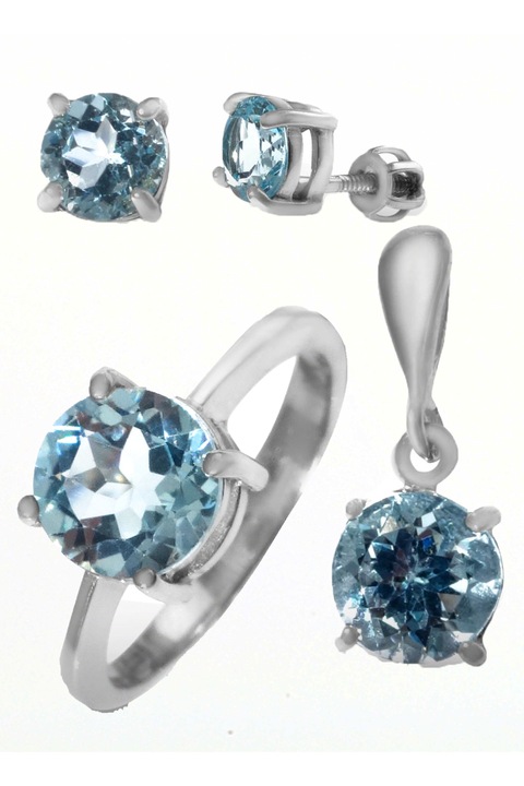 Set bijuterii de dama rotund, Cercei, inel si pandantiv, Topaz albastru, Argint