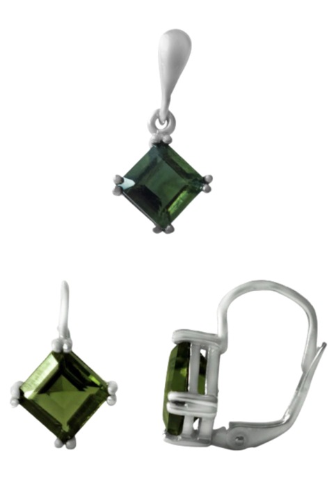 Set bijuterii de dama patrat, Cercei si pandantiv, Moldavit, Argint