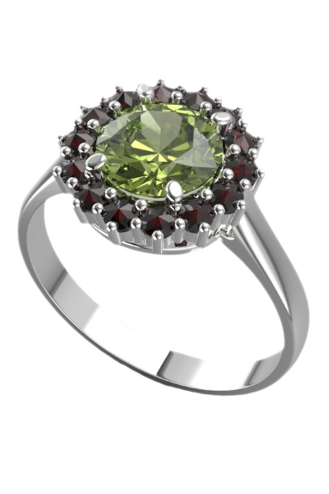 Inel de dama, Granat si moldavit, Argint