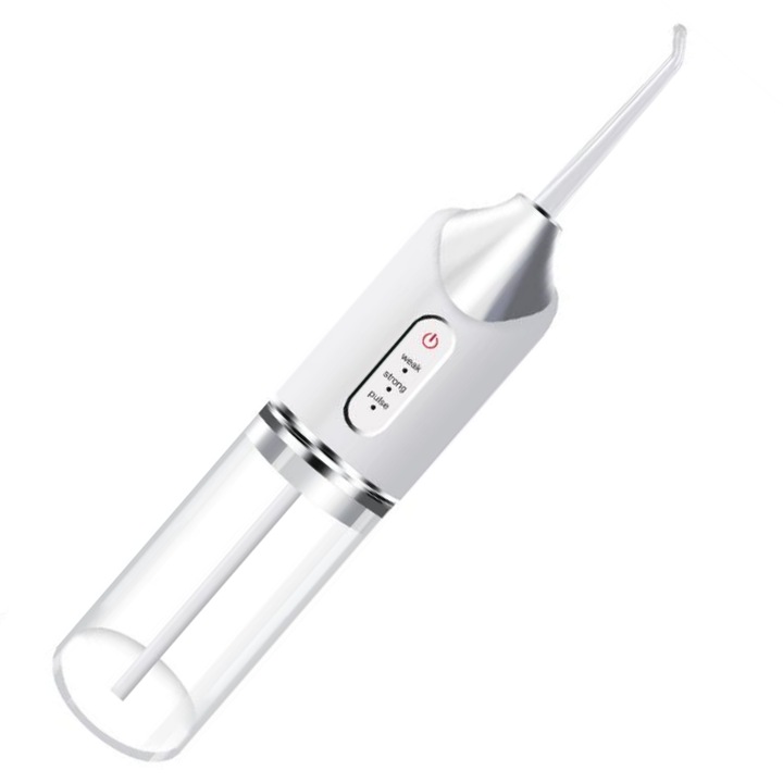 Irigator bucal si dentar electric, pentru dus bucal si oral, 4 capuri diferite incluse, portabil, 3 trepte de presiune, cap rotativ 360, rezervor 220ml, alb