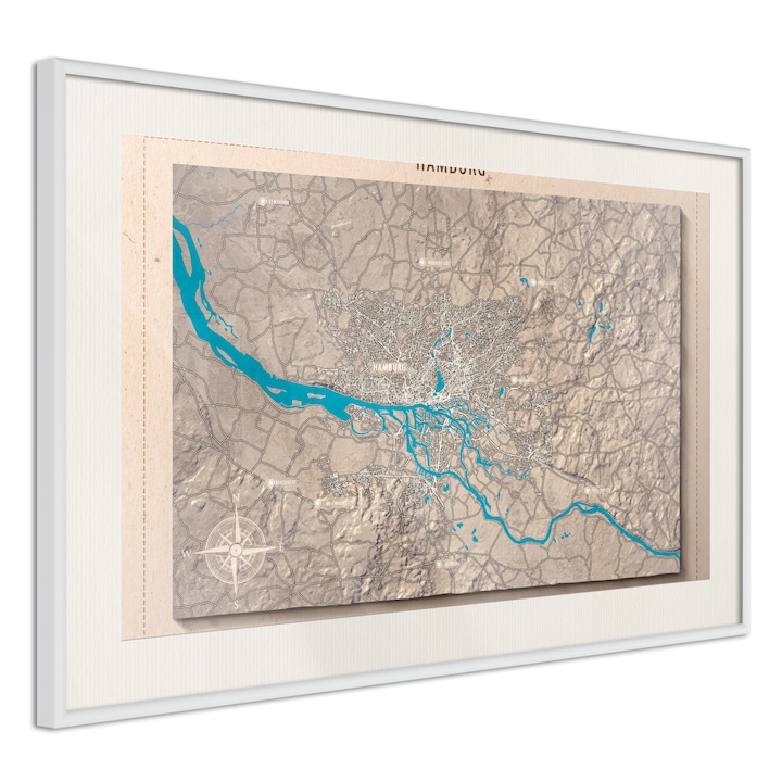 Plakát Artgeist, Raised Relief Map: Hamburg passe-partout, Fehér keret passe-partout-val, 60 x 40 cm