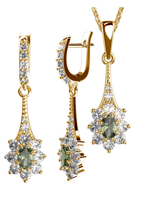 Set cercei si pandantiv, Moldavit/Zirconiu, Argint 925 placat cu aur, Auriu/Verde