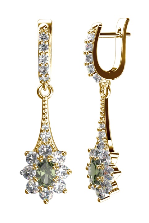 Дамски обеци A-B, Молдавит, Циркони, Сребро 925 с позлатено покритие, Висящи