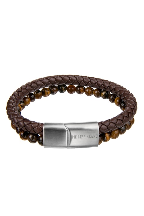 Philipp Blanc, Fonott bőr karkötő gyöngyös részletekkel, Barna/Ezüstszín
