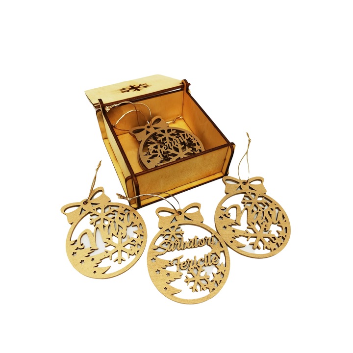 Set 6 Globuri personalizate - Cadou pentru Nasi in cutie gravata, Lemn, Aurii