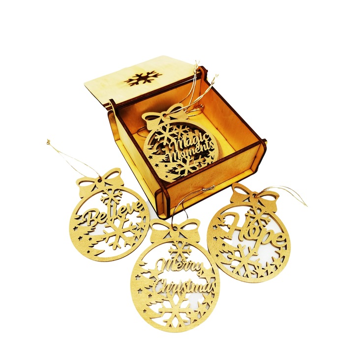 Set 8 Globuri personalizate cu mesaj, in cutie gravata, Lemn, Aurii