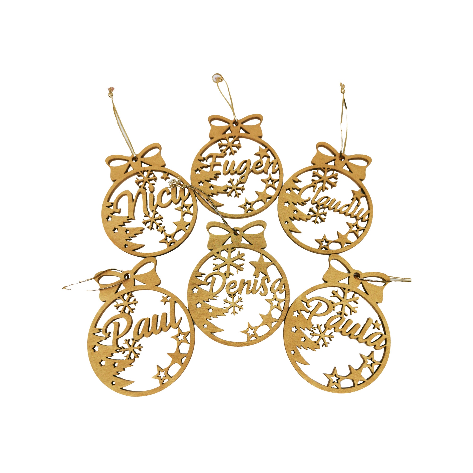 Set 6 Globuri personalizate cu nume, Lemn, Aurii