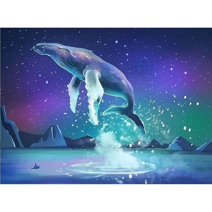 Kit pictura cu diamante rotunde, Model balena, 30 x 40 cm, Albastru/ Mov