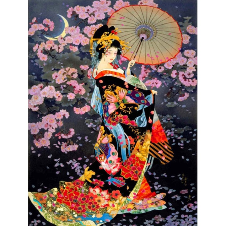 Kit pictura cu diamante rotunde, Model Geisha, 30 x 40 cm, Multicolor