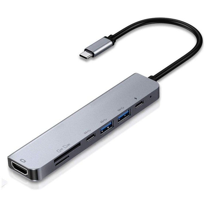 Hub USB C Dogfish, HDMI 7 in 1, 4K HDMI USB3.0/ USB2.0, cARDURI SD/TF, Putere PD 87W, Gri