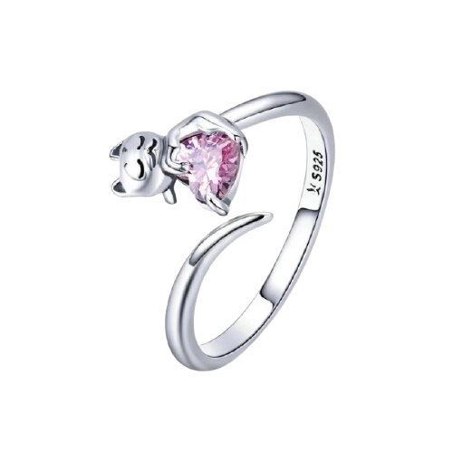 Inel reglabil din argint 925 Adorable Cat Pink CZ