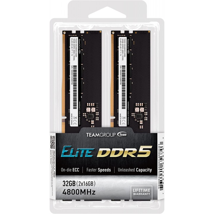Memorie TEAMGROUP Elite DDR5 32GB Kit de 2 x 16GB 4800MHz, PC5-38400, CL40 Unbuffered 1.1V