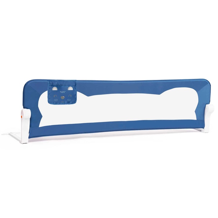 Bariera de protectie pat copii DacEnergy©, 150x42x35cm, sistem de blocare, cu buzunar, rezistenta, albastru