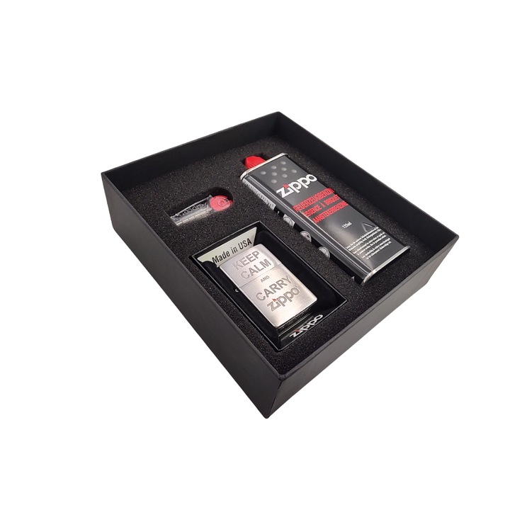 Set Zippo Keep Calm - bricheta metalica, benzina, pietre pentru bricheta 255059 M24