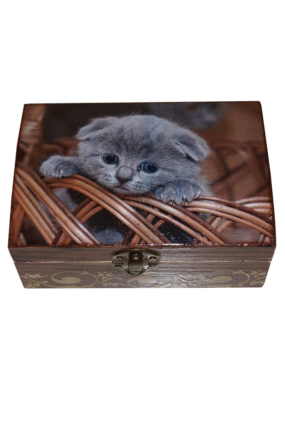 Cutie de bijuterii decorata manual prin tehnici mixte, Serena, Pisicuta, 20x13x8 cm