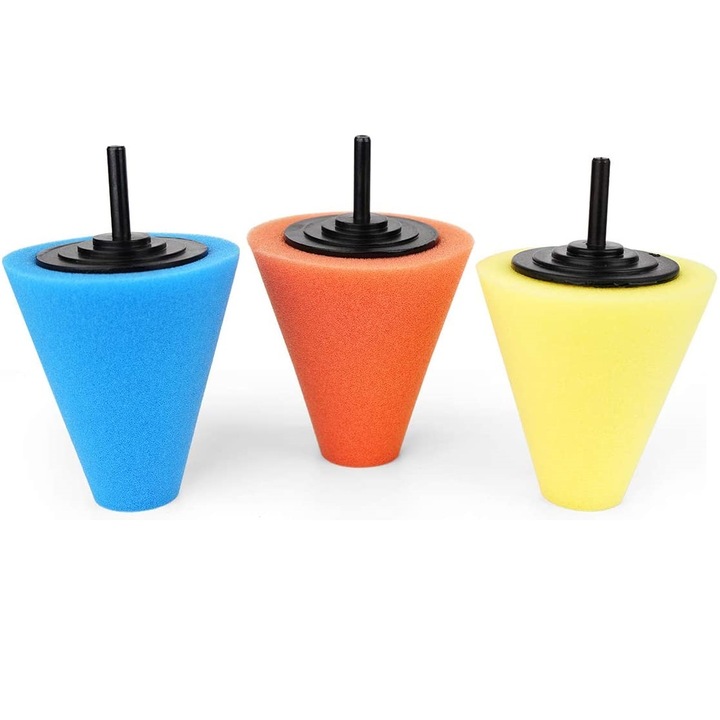 Set 3 Bureti Conici Lustruit Jante si Ornamente Auto cu Bormasina, Diferite clase de Abraziune