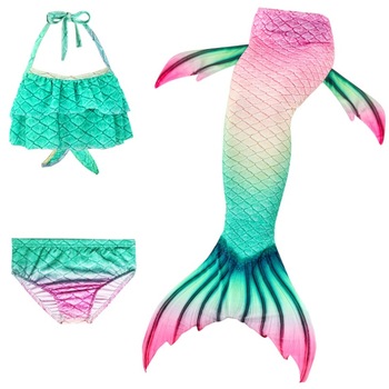 Set 3 piese Costum de baie Model Sirena, Roz/Verde/Galben Set 3 piese Costum de baie Model Sirena, Roz/Verde/Galben