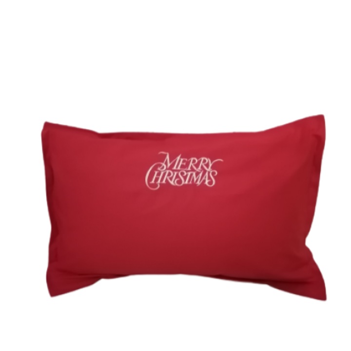 Lenjerie brodata de Craciun, bumbac, dimensiuni perne 50x70cm, dimensiuni cearsaf 220x240cm, dimensiuni husa pilota 190x210cm