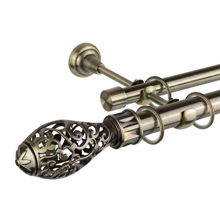 Galerie dubla bara simpla Toledo 25/19, auriu antic - 300 cm, cu accesorii pentru montaj