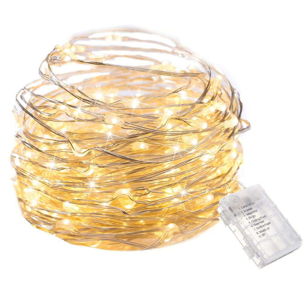 Instalatie de Craciun Liniara Zenino® - 50 LED, 5M, Fir Cupru, Fairy Lights,, 2 Jocuri de Lumini, Baterii, Interior, Alb Cald