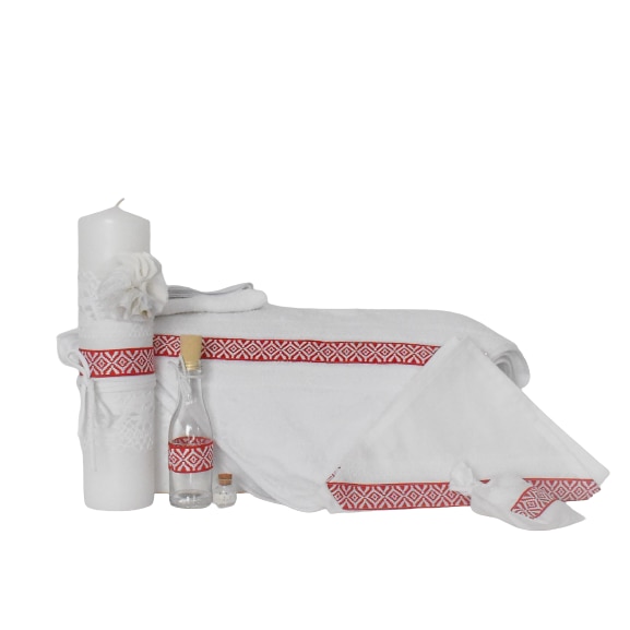 Set botez alb 9 piese- Trusou botez traditional cu Lumanare - Cusatura Romaneasca Rosie, Odorul Mamei