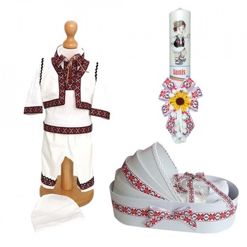 Set costumas traditional botez, trusou si lumanare personalizata, decor traditional, 6 - 9 luni, Denikos® C9048