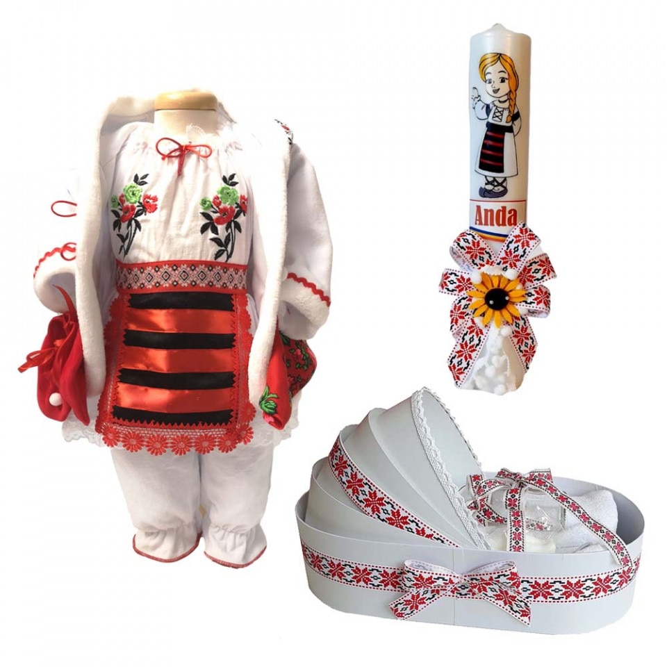 Set costum popular rochita traditionala, trusou si lumanare personalizata, decor national, 6 - 9 luni, Denikos® C9066