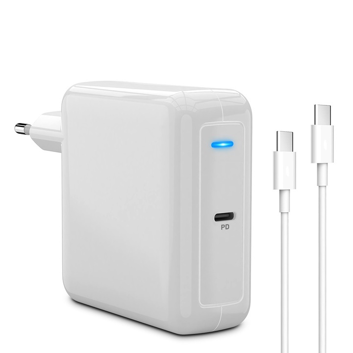 Incarcator USBC RikBo®, PD 87W + Cablu USB-C - USB-C 2 metri inclus, Compatibil Macbook Apple Samsung Huawei HP Lenovo Dell