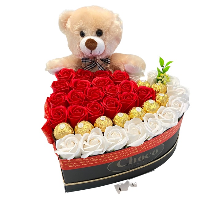 Cutie Cadou, ChocoBox, Valentine's Box VI, include Trandafirii, Ursulet si Praline Ferrero Rocher