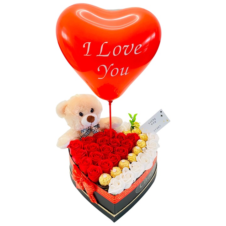 Cutie Cadou, ChocoBox, LOVE VI, include Trandafirii, Baloane, Ursulet si Praline Ferrero Rocher