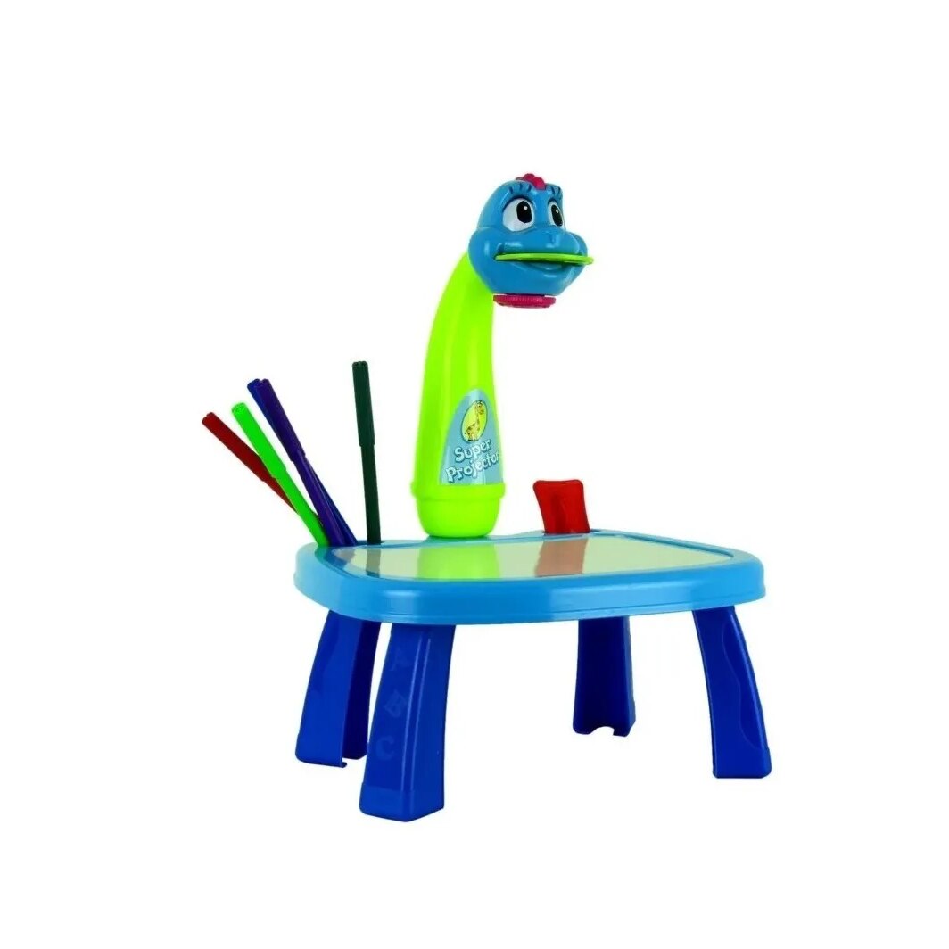 Masuta cu proiector pentru desenat, 21 tipare de desen si 12 carioci, pentru copii, albastru/verde