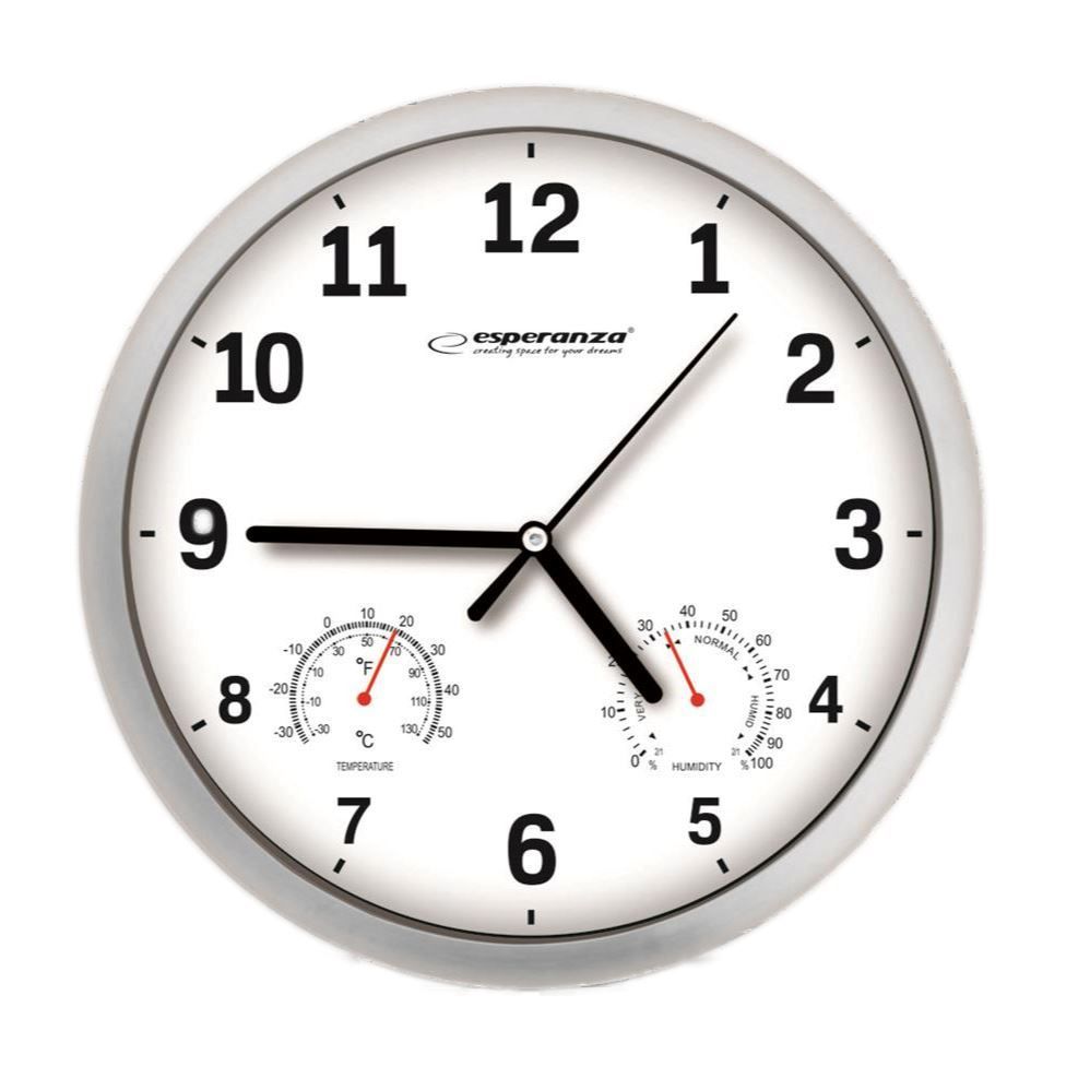 Ceas de perete cu design decorativ, model cu termometru si hidrometru, fond alb, plastic, 25x3.6 cm, Alb, TCL-BBL3693