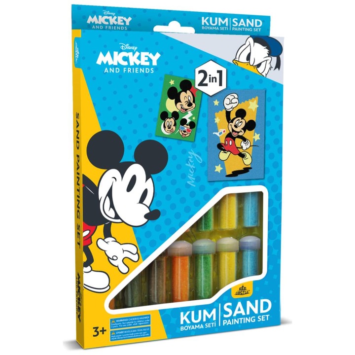 Творчески комплект за рисуване с цветен пясък, Мики - Дисни, 2 листа 16,5 х 23,5 см, 15 туби с разноцветен пясък, 1 пинсета, 2 защитни фолиа, + 3г.