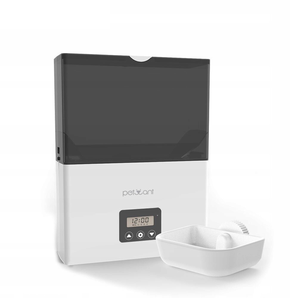 Dozator smart de hrana, PetWant F4, Pentru caini si pisici, Alb/Negru, Capacitate 2,3 l, Pentru cusca, Afisaj LCD, Timer setare mese, ABS,