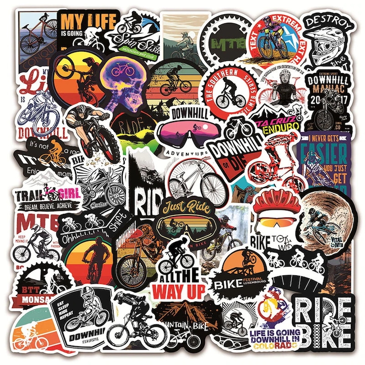 Set 50 Stickere din vinil, model Mountain Bike, Multicolor