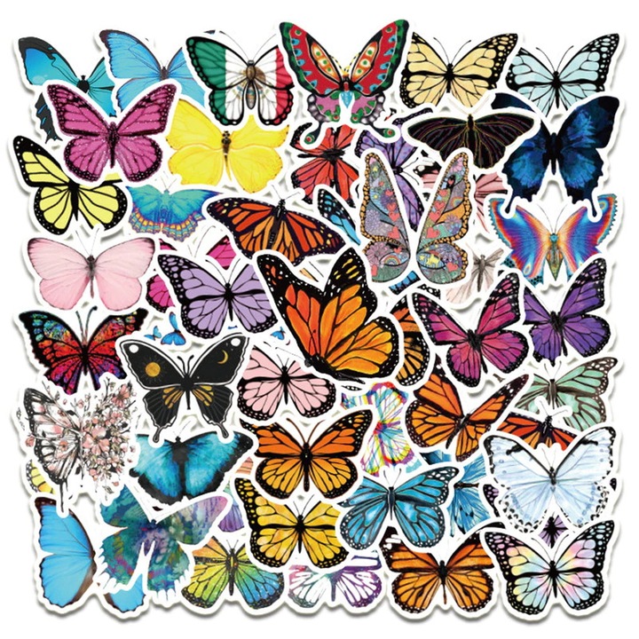Set 50 Stickere din vinil, model Fluturi, Multicolor