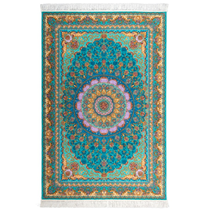 Covor CarpetPlaza, Pseudo Silk, Poliester, 120x80 cm, Turcoaz/Galben