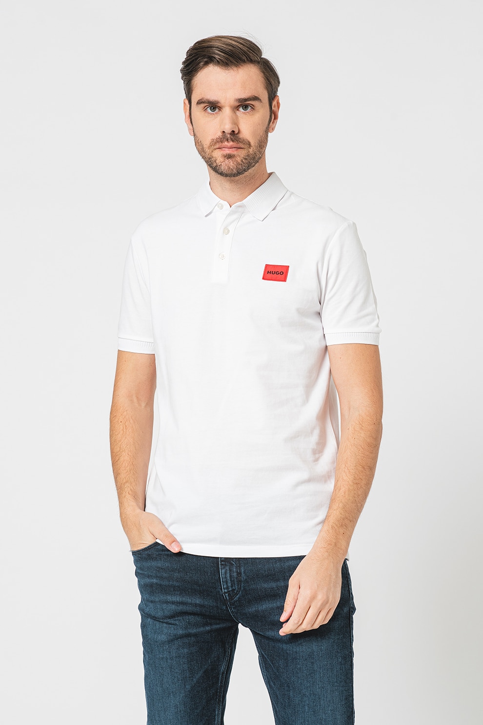 HUGO, Tricou polo slim fit Dereso, Alb optic, XL