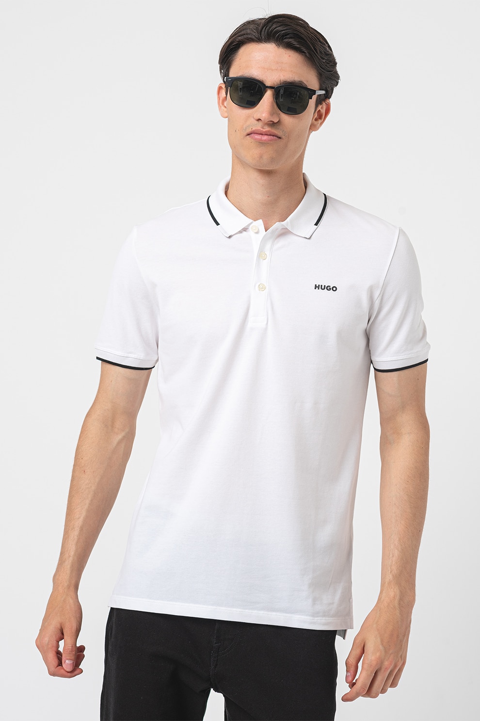 HUGO, Tricou polo slim fit Dinoso, Alb optic, 2XL