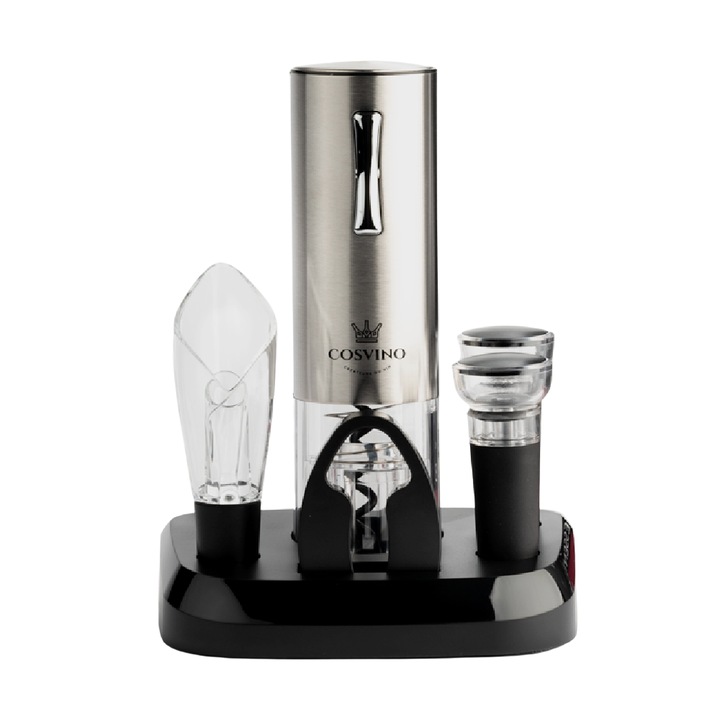 Set 5 accesorii vin cu tirbuson electric, baza pentru incarcare, picurator, cutter sigiliu sticla si dop etans