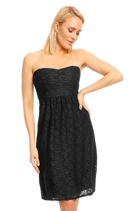 Rochie midi din dantela cu umerii goi, Negru