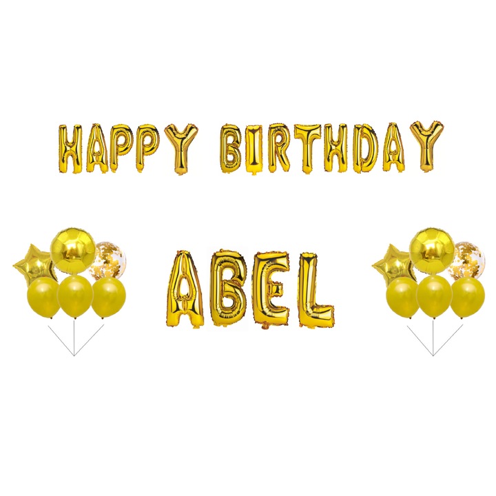 Boldog születésnapot Abel lufi készlet, tortafeltét, arany, 31 db