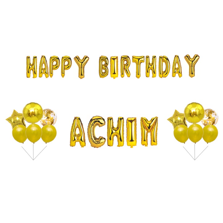 Szett Boldog Születésnapot Achim lufi, Tortafedő, Arany, 32 db