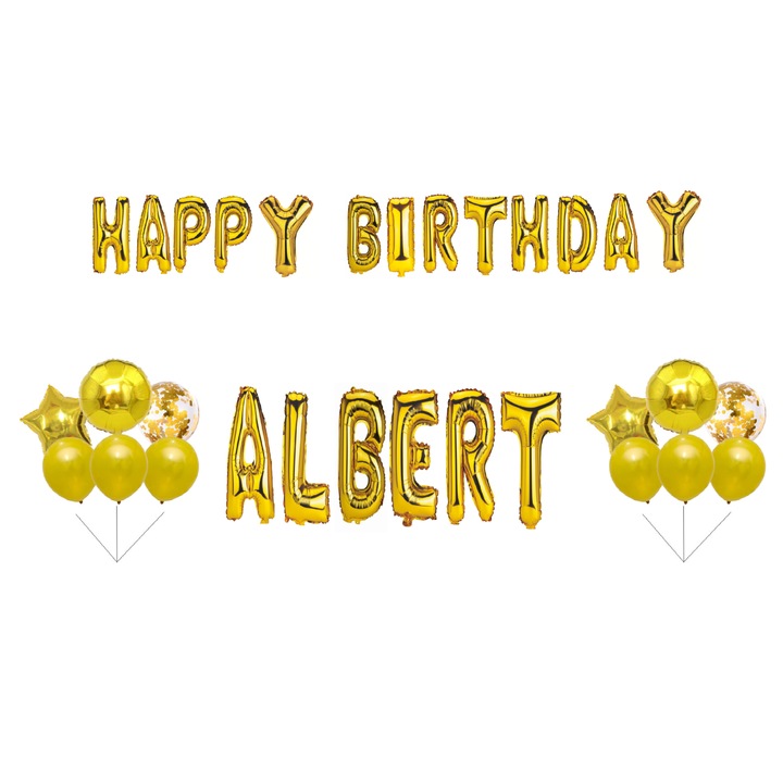 Комплект Happy Birthday Albert Balloons, Cake topper, Gold, 33 бр