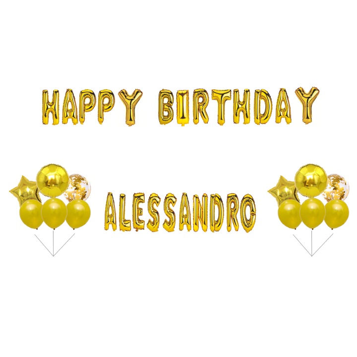 Boldog születésnapot Alessandro lufi készlet, tortafeltét, arany, 37 db