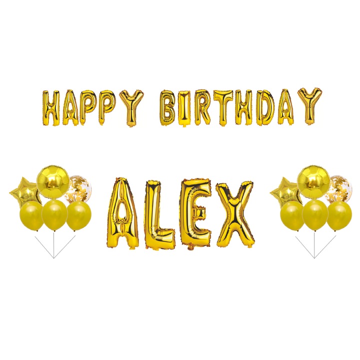 Boldog születésnapot Alex lufi szett, tortafeltét, arany, 31 db