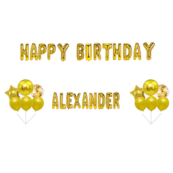 Boldog születésnapot Alexander lufi készlet, tortafeltét, arany, 36 db
