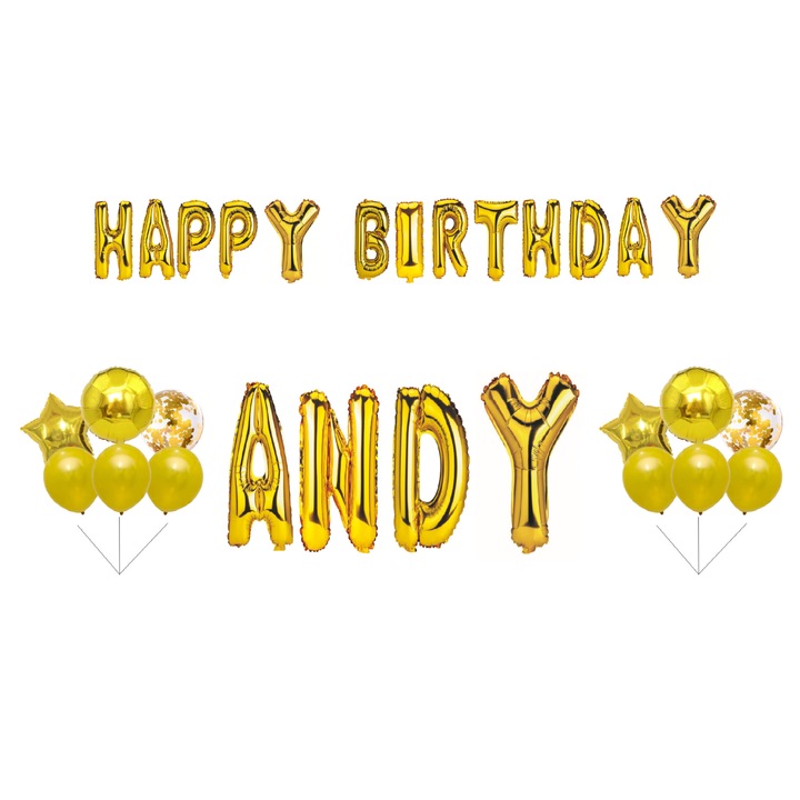 Boldog születésnapot Andy lufi szett, tortafeltét, arany, 31 db